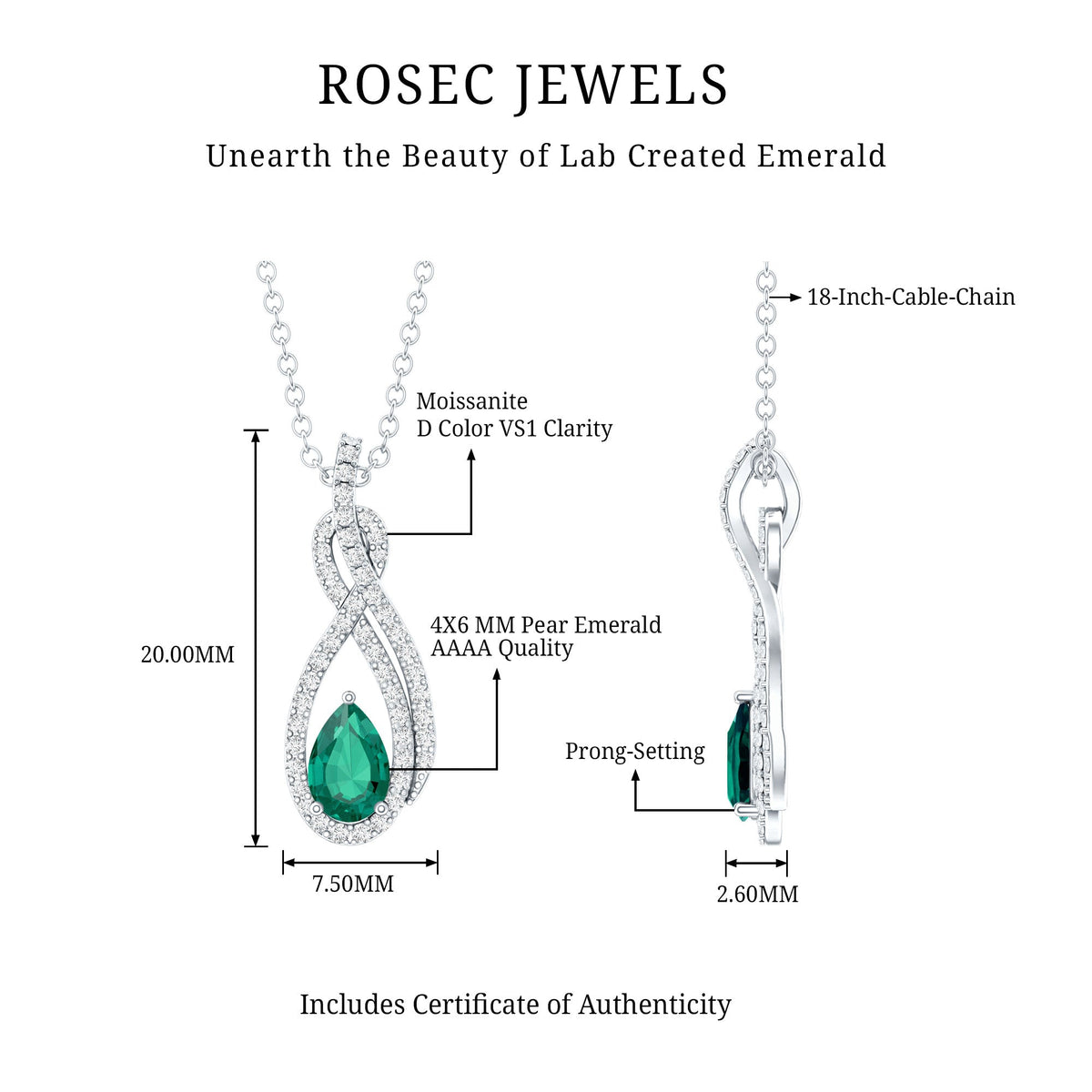 Half Carat Lab Grown Emerald Infinity Promise Necklace with Silver Chain