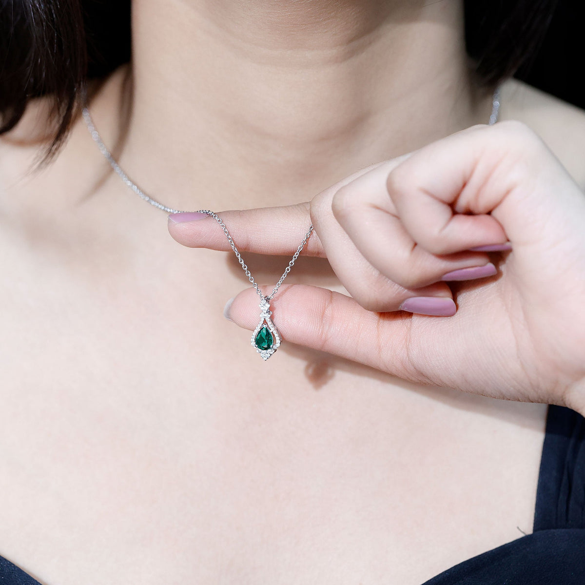 Vintage Inspired Lab Grown Emerald 0.75 Carat Bridal Necklace with Silver Chain