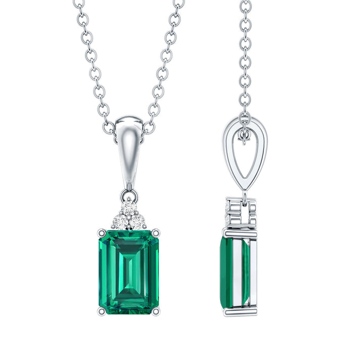 Emerald cut lab-grown emerald solitaire pendant with silver chain, showcasing a 1.68 carat gemstone from Rosec Jewels.