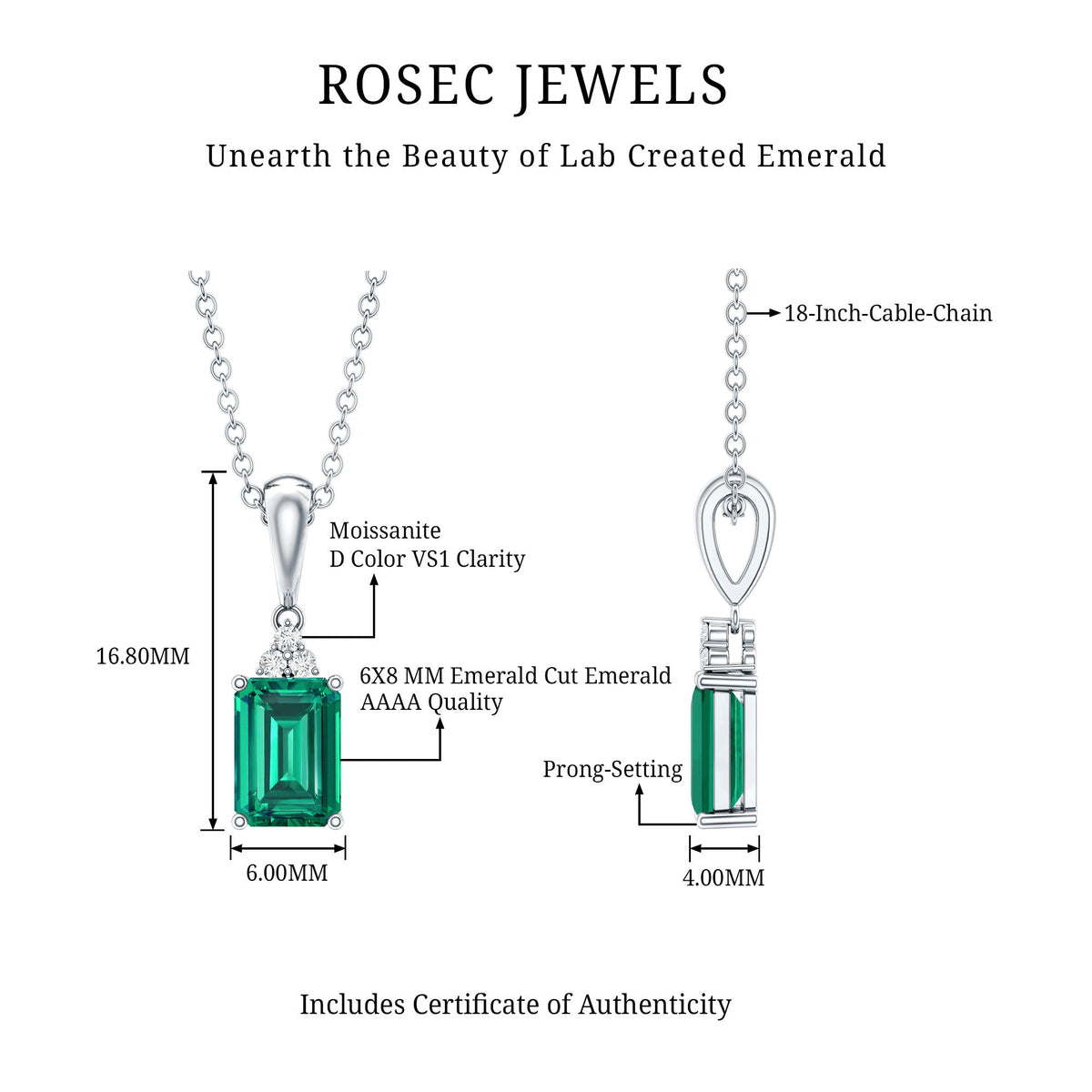 1.68 Carat Emerald Cut Lab Grown Emerald Solitaire Necklace With Silver Chain