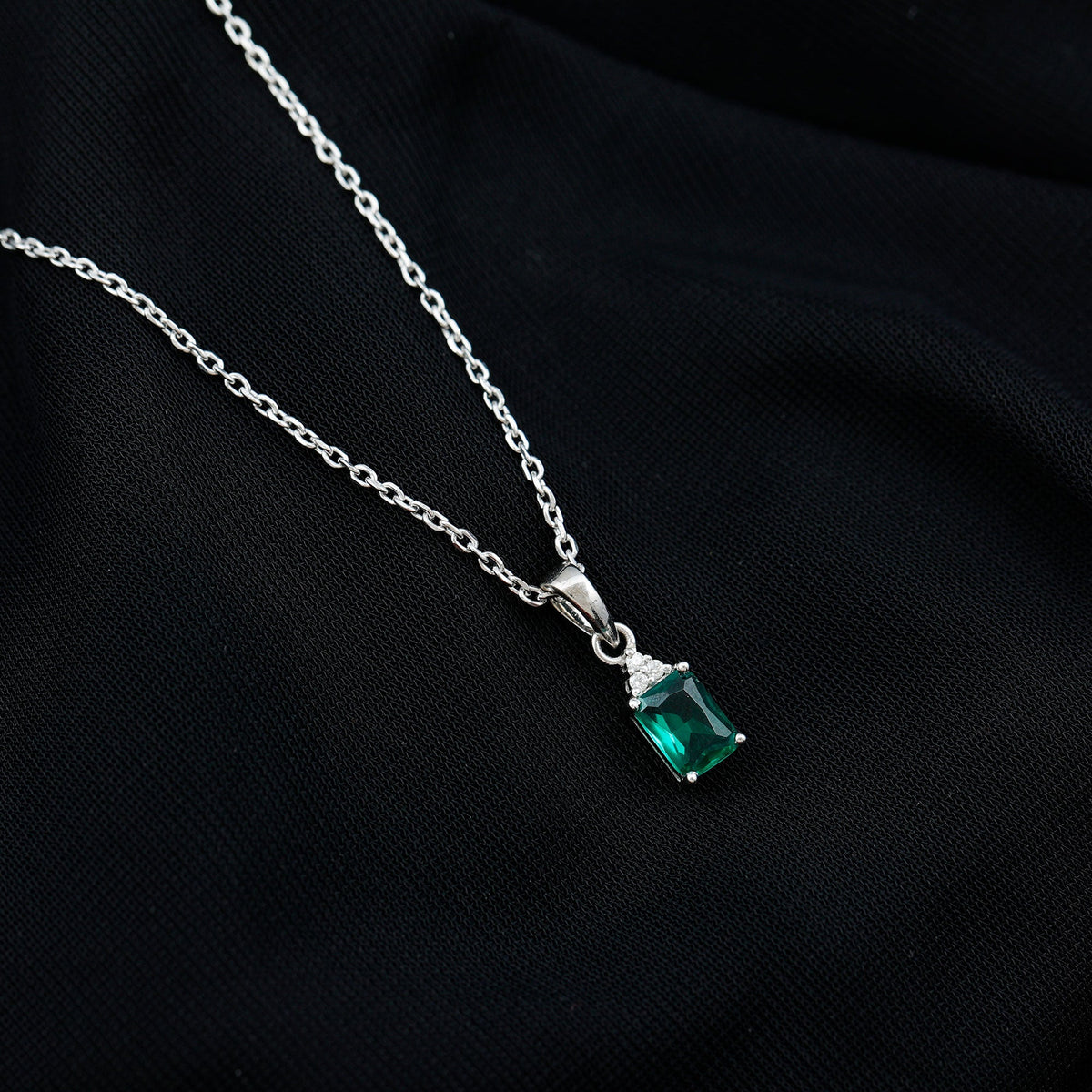 1.68 Carat Emerald Cut Lab Grown Emerald Solitaire Necklace With Silver Chain