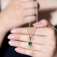 1.68 Carat Emerald Cut Lab Grown Emerald Solitaire Necklace With Silver Chain