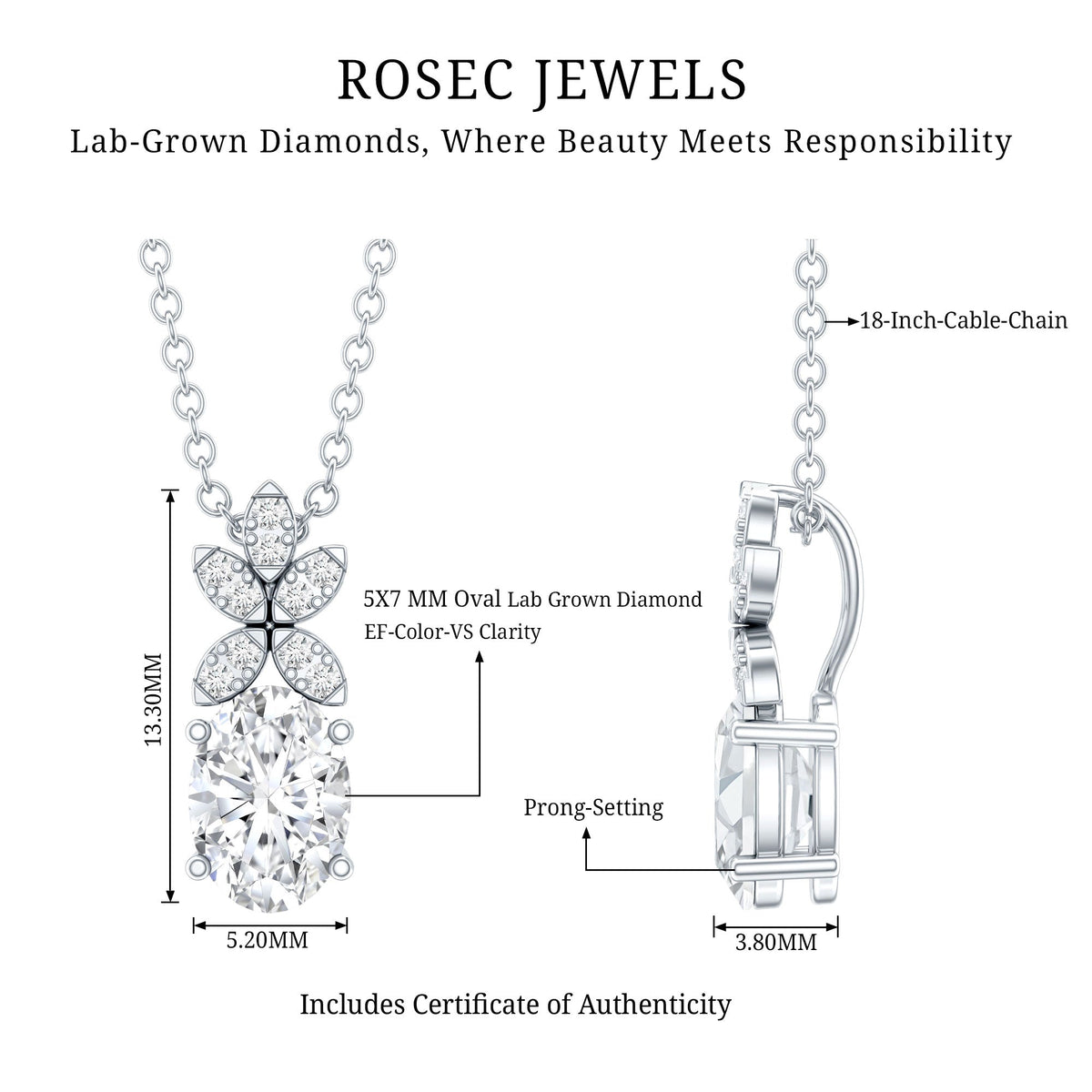 5X7 MM Oval Shaped Lab Grown Diamond Flower Pendant