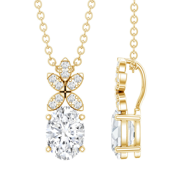 Oval-shaped lab grown diamond flower pendant in 5x7 mm size from Rosec Jewels, featuring a detailed floral design.