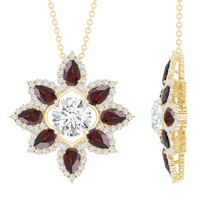 Lab grown diamond and garnet flower pendant from Rosec Jewels featuring sparkling diamonds and a vibrant red garnet centerpiece.