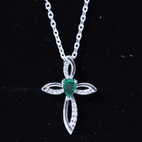 Pear Cut Emerald Cross Pendant With Lab Grown Diamond