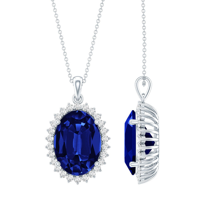 Lab grown blue sapphire pendant necklace with silver chain from Rosec Jewels, featuring a 14 carat certified blue sapphire.