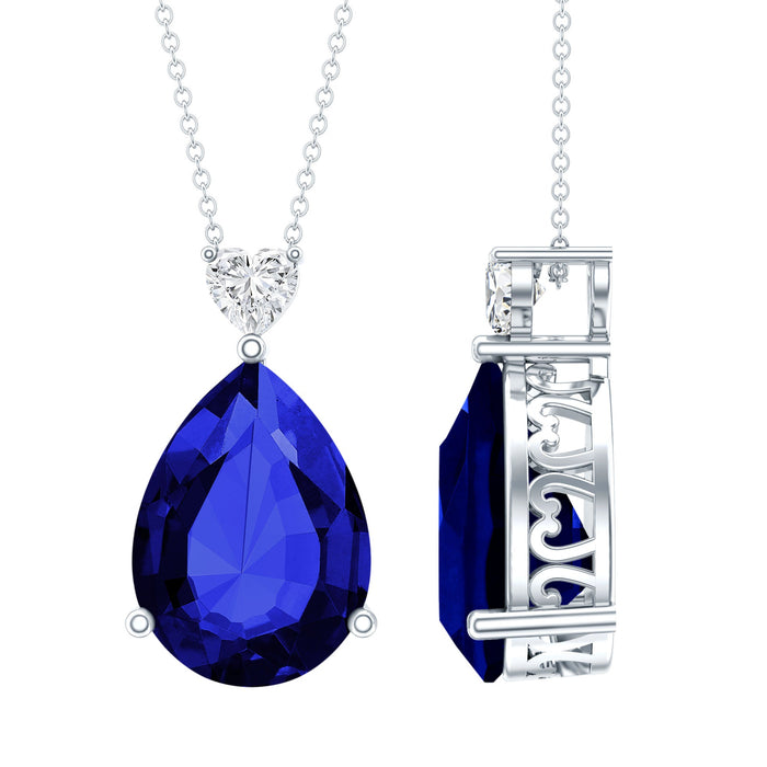 Pear-shaped lab-grown blue sapphire pendant with silver chain from Rosec Jewels, featuring a 9-carat certified gemstone.