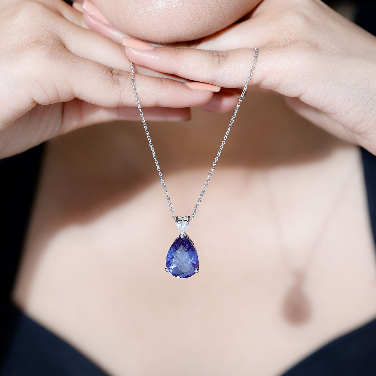 Certified 9 Carat Pear Shape Lab Grown Blue Sapphire Necklace With Silver Chain