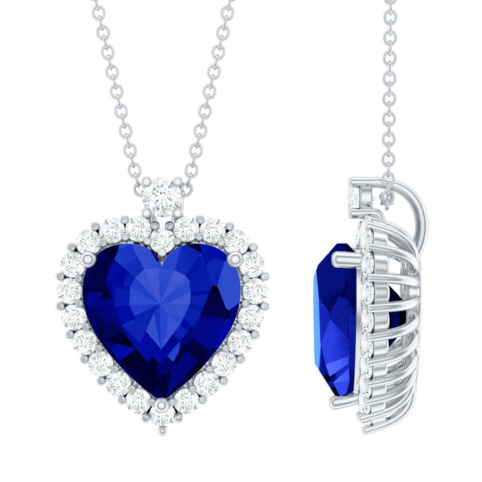 Lab grown blue sapphire heart pendant with chain, 5.6 carats, from Rosec Jewels, featuring a sparkling, elegant jewelry design.
