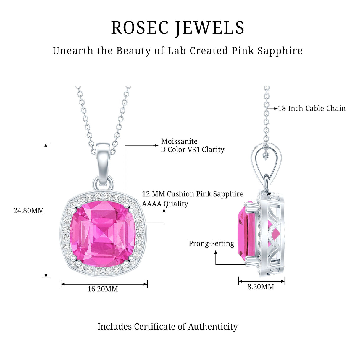 Lab grown pink sapphire pendant necklace with a silver chain, 6 carats, from Rosec Jewels, elegant jewelry accessory.