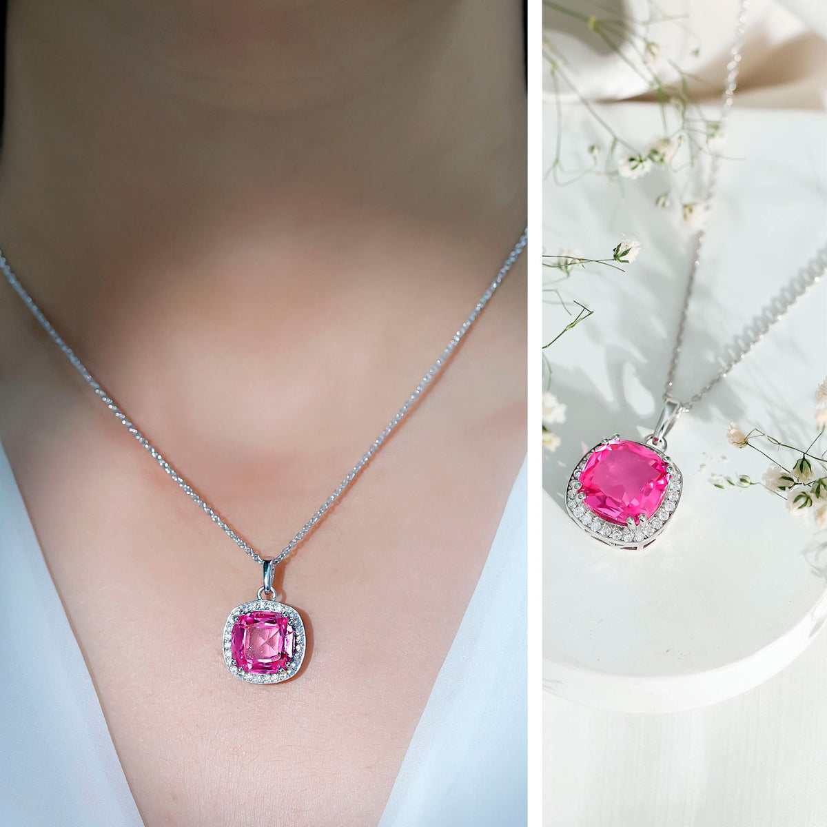 Lab-grown pink sapphire pendant necklace with 6-carat pink sapphire and silver chain from Rosec Jewels.