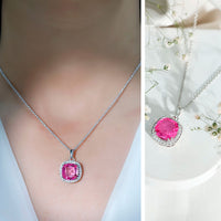 Lab-grown pink sapphire pendant necklace with 6-carat pink sapphire and silver chain from Rosec Jewels.