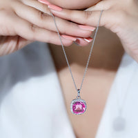 Lab-grown pink sapphire pendant necklace with 6-carat pink sapphire and silver chain from Rosec Jewels.