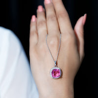 Lab-grown pink sapphire pendant necklace with silver chain, 6 carats, elegant jewelry by Rosec Jewels.
