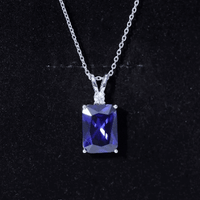 9 Carat Emerald Cut Lab Grown Blue Sapphire Solitaire Necklace With Silver Chain