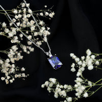 9 Carat Emerald Cut Lab Grown Blue Sapphire Solitaire Necklace With Silver Chain