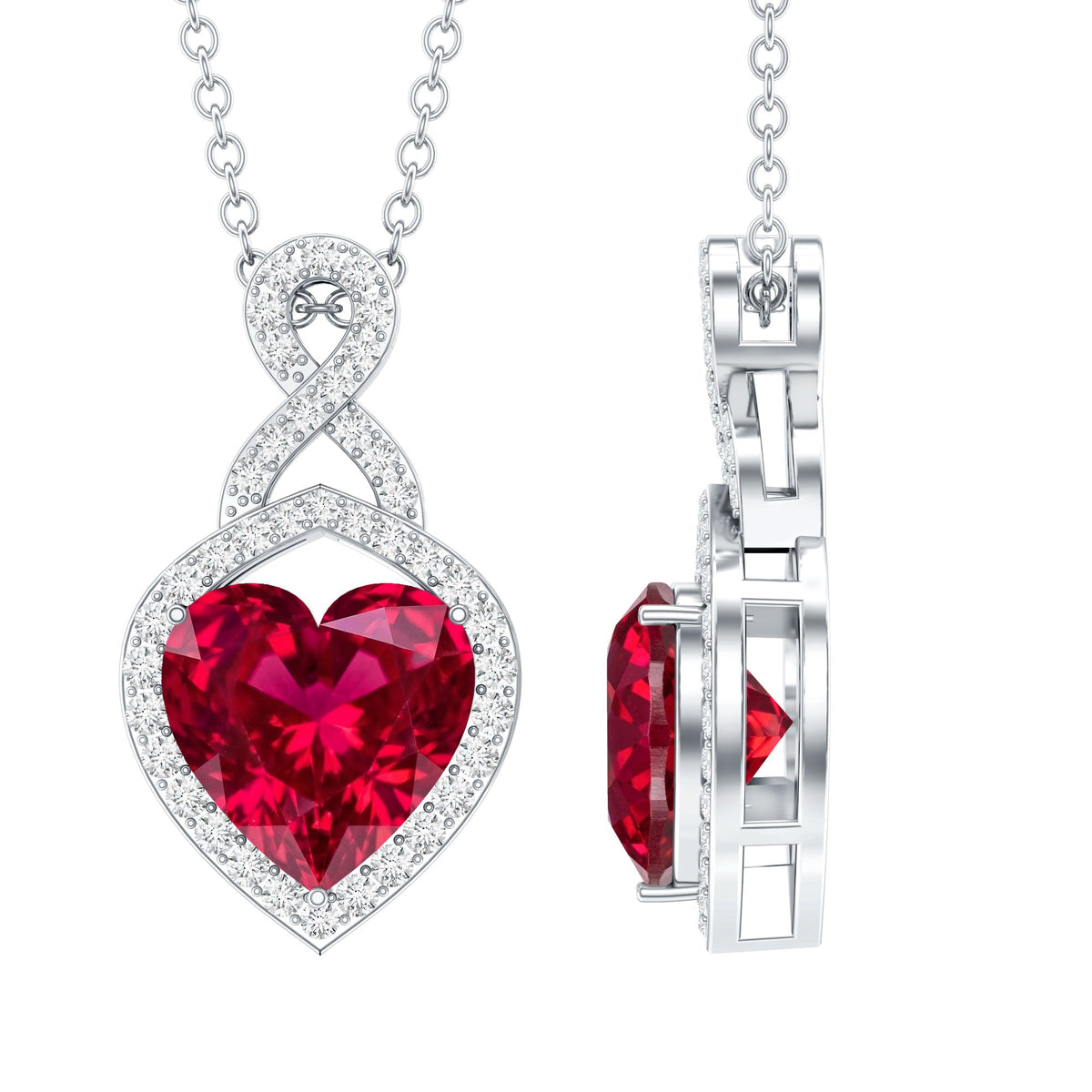 Lab-created ruby heart infinity pendant with chain by Rosec Jewels, showcasing a sparkling red gemstone and elegant design.