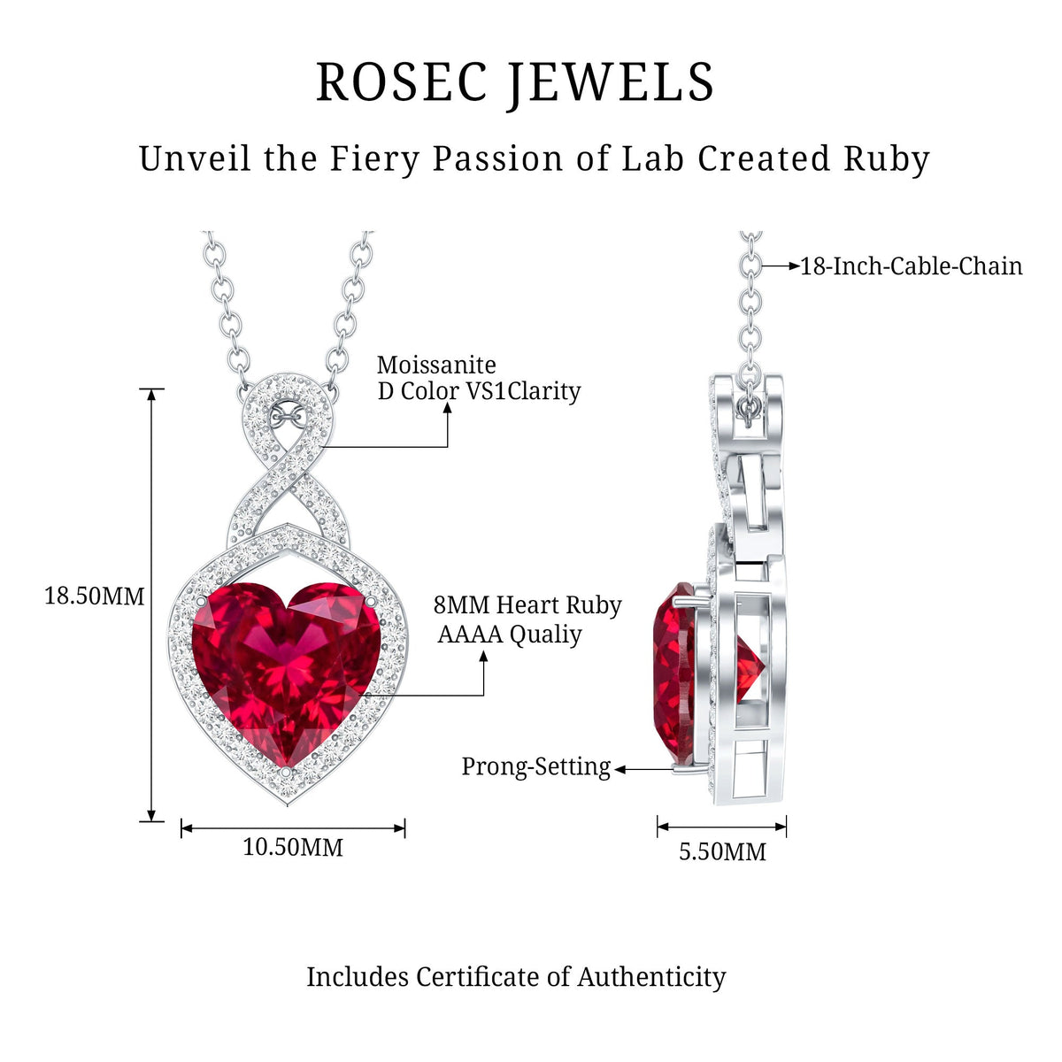 Certified lab-created ruby heart infinity pendant with chain from Rosec Jewels, showcasing a sparkling ruby heart design.