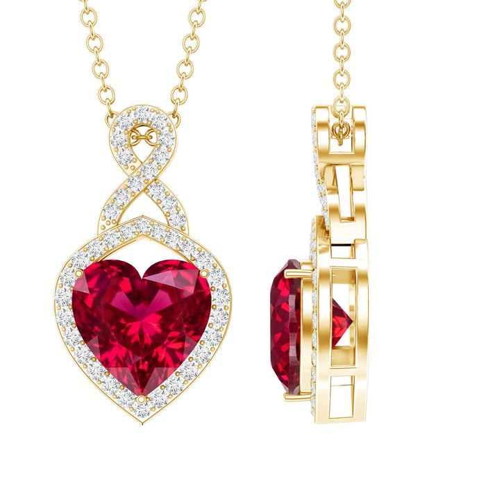 Lab-created ruby heart infinity pendant with chain by Rosec Jewels, showcasing a sparkling red gemstone and elegant design.