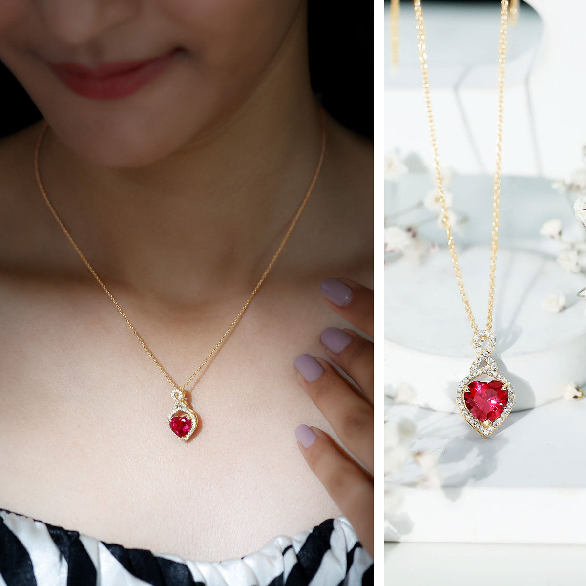 Rosec Jewels lab-created ruby heart infinity pendant with chain, showcasing a sparkling ruby heart and elegant jewelry design.