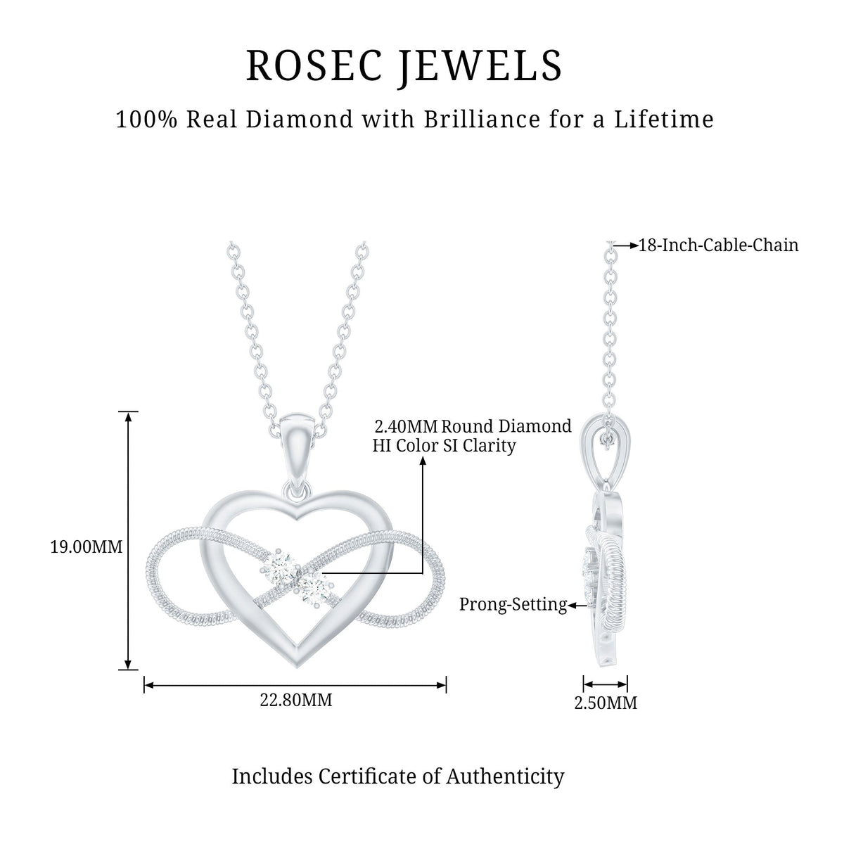 Natural diamond infinity heart pendant necklace for women by Rosec Jewels, featuring sparkling diamonds and elegant design.