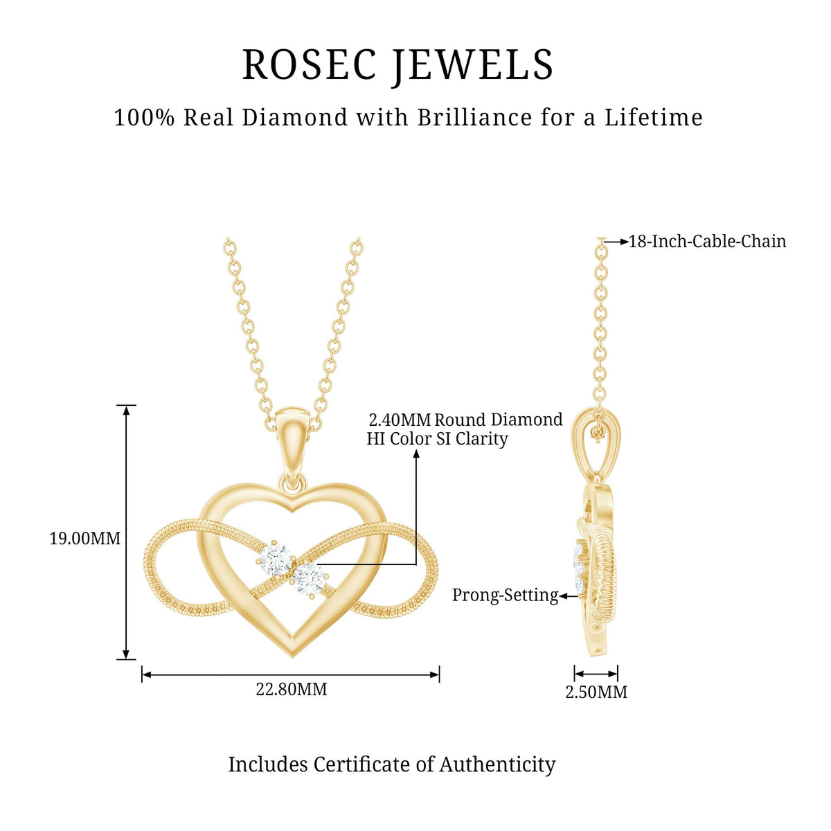Natural diamond infinity heart pendant necklace for women by Rosec Jewels, featuring sparkling diamonds and elegant design.