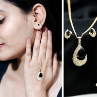 Natural Black Onyx Teardrop Necklace and Earrings Set with Certificate