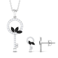 Natural Black Onyx Key Pendant and Earrings Set with Diamond