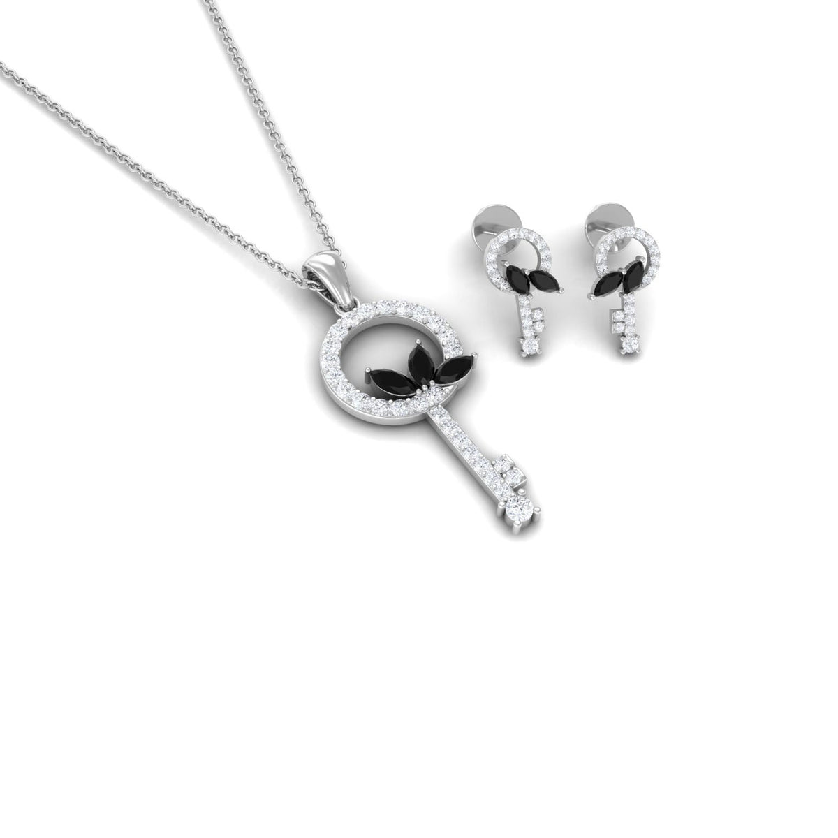 Natural Black Onyx Key Pendant and Earrings Set with Diamond