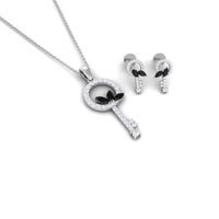Natural Black Onyx Key Pendant and Earrings Set with Diamond