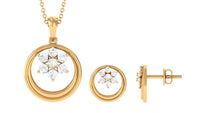 1 CT Real Diamond Floral Pendant Necklace and Stud Earring Set