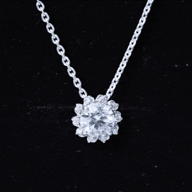Round cut lab grown diamond starburst pendant necklace in yellow gold, featuring a sparkling 8 mm central diamond from Rosec Jewels.