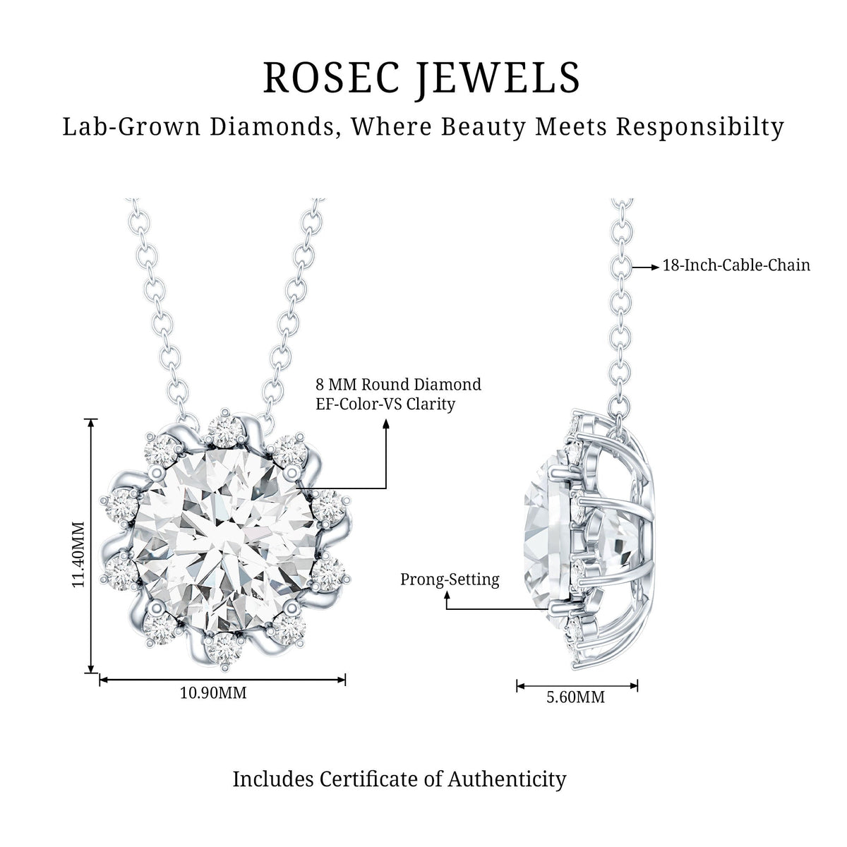 8 MM Round Cut Lab Grown Diamond Starburst Necklace