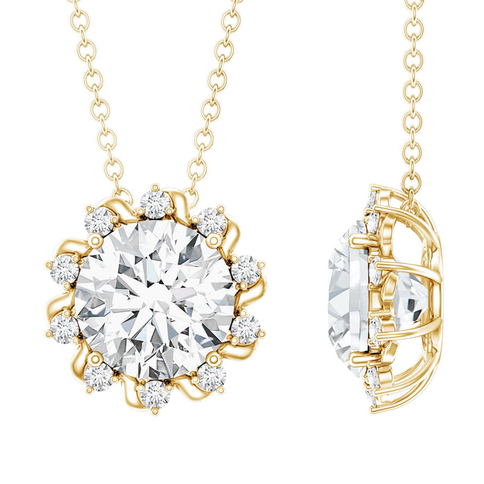 Round cut lab grown diamond starburst pendant necklace from Rosec Jewels featuring an 8mm center stone and intricate design.