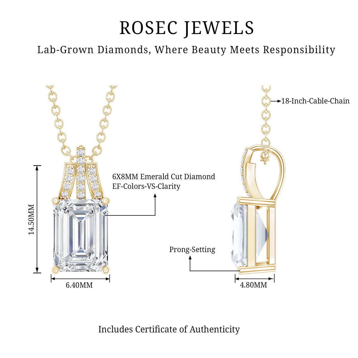6X8 MM Solitaire Lab Grown Diamond Emerald Cut Necklace