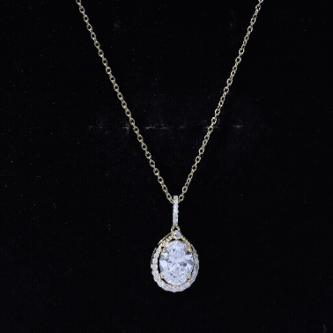 Yellow gold pendant with 1 carat oval lab-grown diamond teardrop halo necklace for women by Rosec Jewels