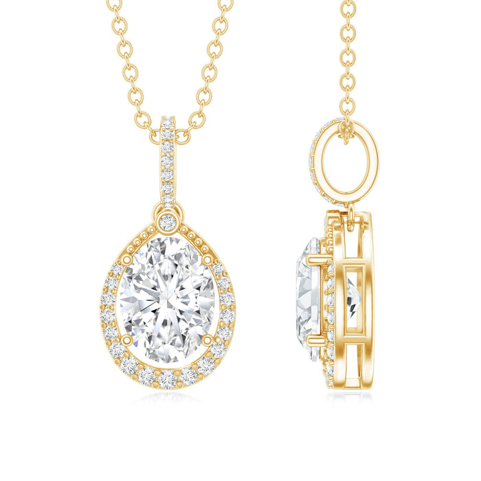 Oval lab-grown diamond teardrop halo pendant for women, elegant jewelry piece by Rosec Jewels.