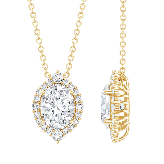 Oval-shaped lab-grown diamond wedding pendant with halo, set in a Rosec Jewels necklace, showcasing sparkling elegance.