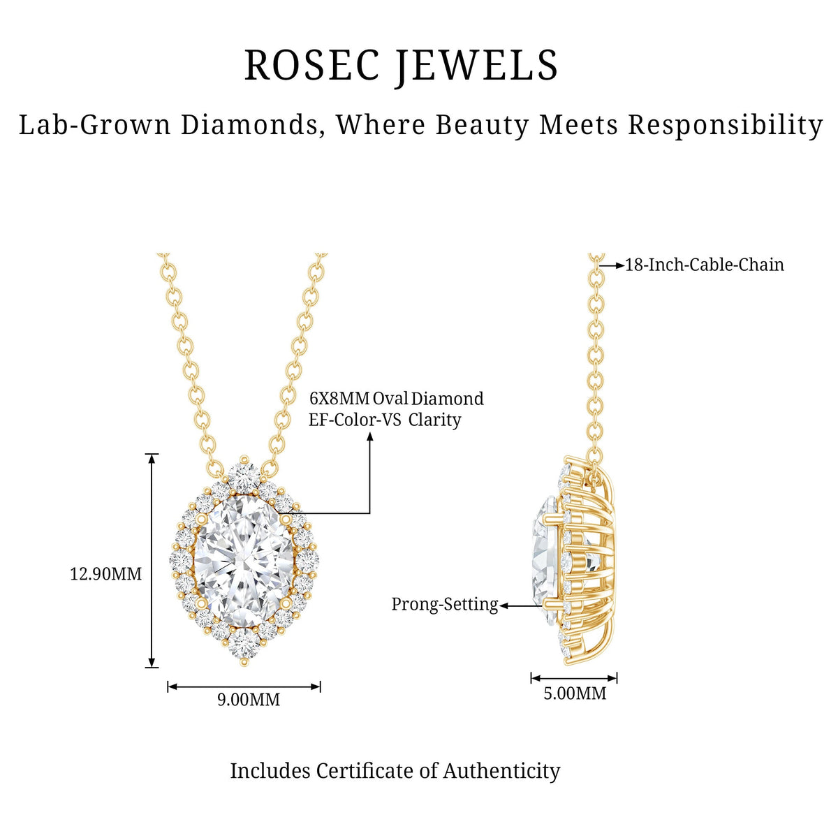 6X8 MM Oval Shaped Lab Grown Diamond Wedding Necklace With Halo