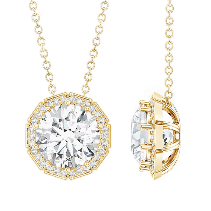 Rosec Jewels 8mm circle lab-grown diamond pendant with halo, showcasing a sparkling, elegant jewelry piece on a white background.