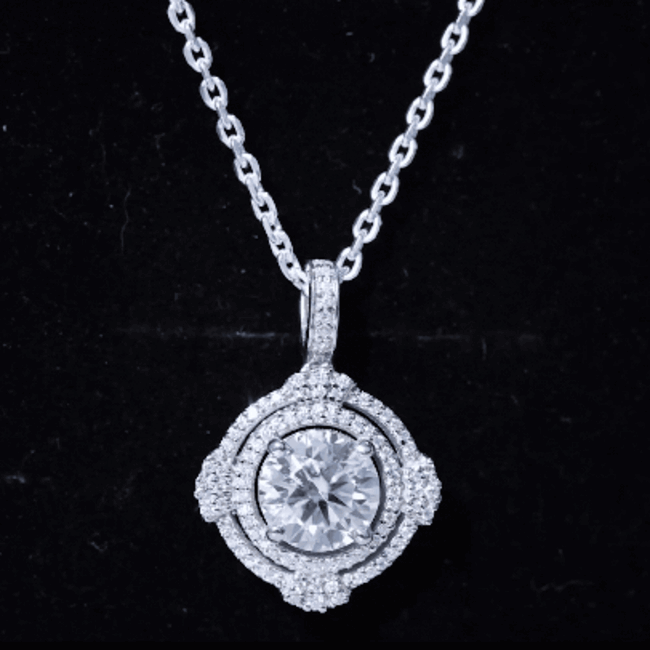 Yellow gold 2 carat lab-grown diamond pendant with double halo design and decorated bail by Rosec Jewels.