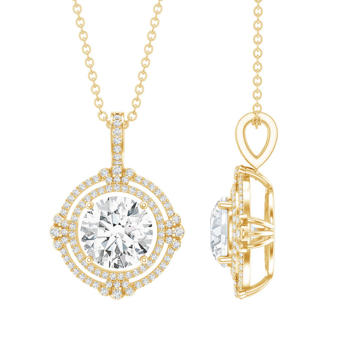 Lab grown diamond double halo pendant necklace with decorated bail by Rosec Jewels, showcasing sparkling diamonds and elegant design.