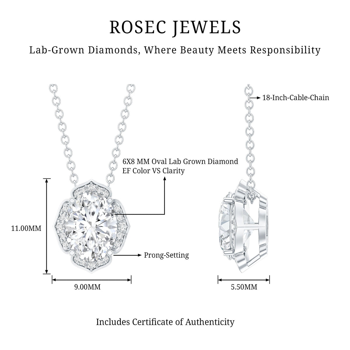 6X8 MM Oval Shape Lab Grown Diamond Vintage Flower Necklace