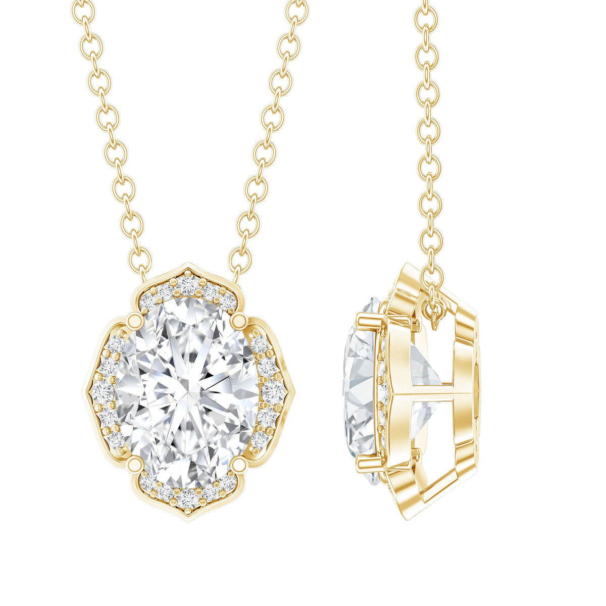 6X8 MM Oval Shape Lab Grown Diamond Vintage Flower Necklace