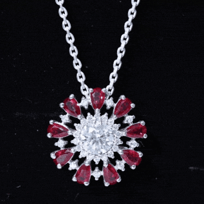 Lab grown diamond flower pendant necklace with ruby accents by Rosec Jewels, yellow gold tone, featuring a 7mm diamond centerpiece.