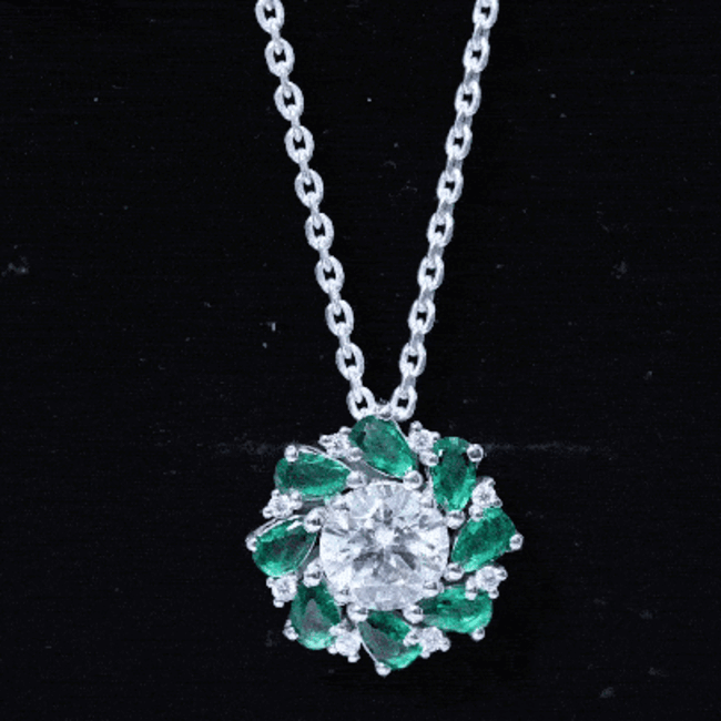 Yellow gold pendant featuring a 2-carat lab-grown diamond emerald flower design from Rosec Jewels bridal necklace collection.