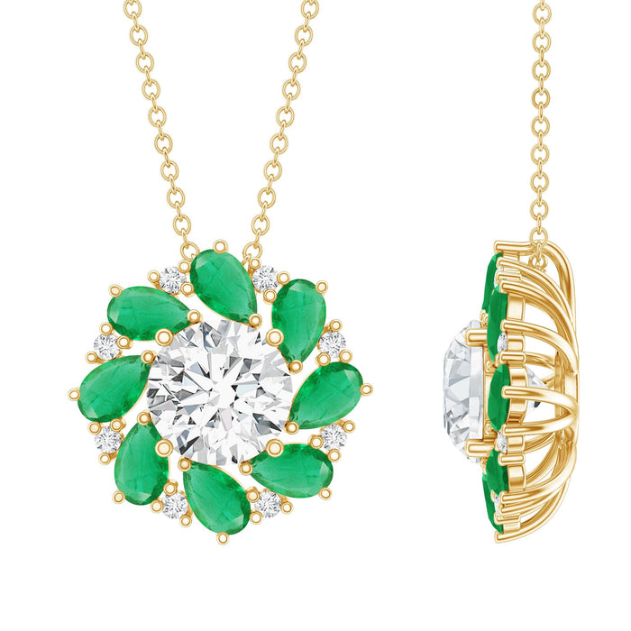 Lab grown diamond emerald flower pendant necklace with 2 carats from Rosec Jewels, featuring intricate floral design and sparkling gemstones.