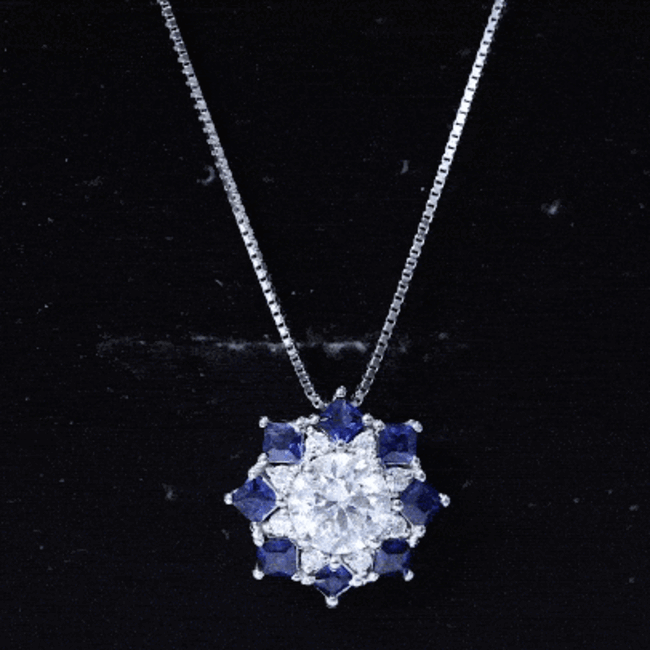 Lab grown diamond and blue sapphire Art Deco pendant necklace by Rosec Jewels, featuring intricate design and vibrant gemstones.