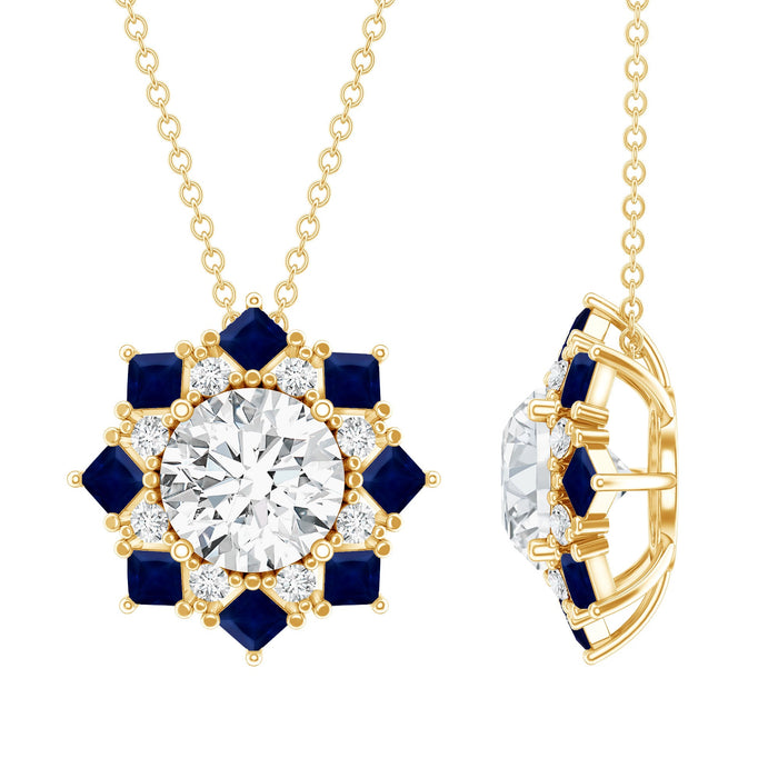 Lab grown diamond Art Deco pendant necklace with blue sapphire accents from Rosec Jewels, showcasing intricate design and sparkling gemstones.